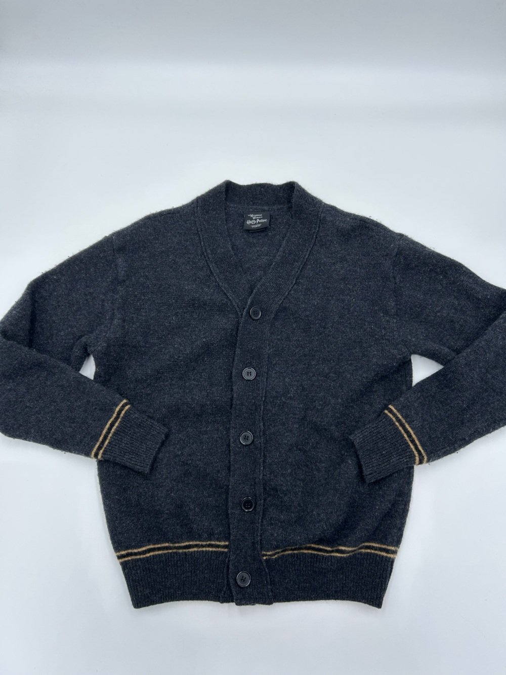Harry Potter Universal Studios Wool Blend Men's Charcoal Cardigan Tan Trim L